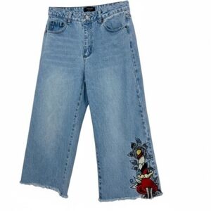 Ed Hardy Light Blue Flare Jeans with Red Embroidery